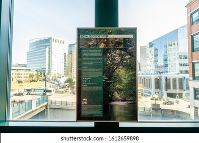 Providence, Rhode Island, USA - Dec 29 2019 - Interior Of The Providence Place Mall, Woonasquatucket River Sign