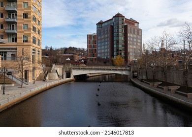 Providence, Rhode Island USA - December 7 2021: Woonasquatucket River In Downtown Providence Rhode Island