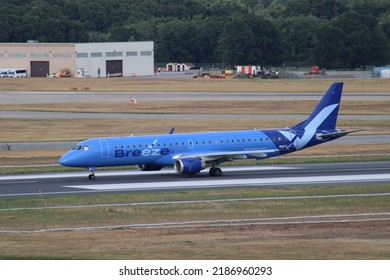 Providence, Rhode Island, USA - May 7, 2022: Breeze Airways E-195 Regional Jet Was Widely Used On Domestic Routes To U.S Regional Airports. Breeze Airways Is A 2021 Brand New Airline.