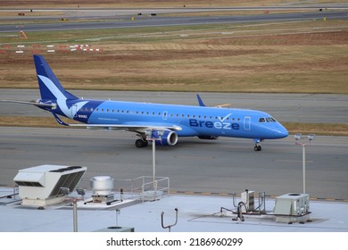 Providence, Rhode Island, USA - May 7, 2022: Breeze Airways E-195 Regional Jet Was Widely Used On Domestic Routes To U.S Regional Airports. Breeze Airways Is A 2021 Brand New Airline.