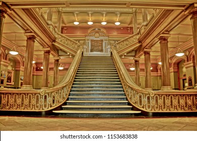Providence, Rhode Island/USA- September 23, 2017: A horizontal high definition image of the ornate staircase in an urban public building.                