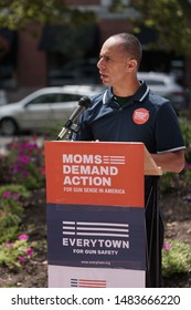  PROVIDENCE, RHODE ISLAND/USA-AUGUST 17, 2019: Providence Mayor Jorge Elorza Speaks At The Moms Demand Rally For Common Sense Gun Laws And The Red Flag Law                              