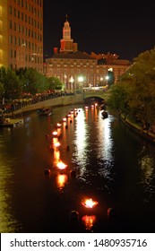 Providence, RI, USA August 17 Bonfires Are Lit On The Woonasquatucket River During The Waterfire Celebration In Providence Rhode Island