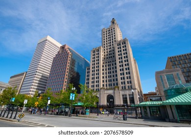 PROVIDENCE, RI, USA - SEP. 7, 2020: Providence Modern City Skyline At Kennedy Plaza In Downtown Providence, Rhode Island RI, USA. Including Industrial National Bank Building, One Financial Plaza, Etc.