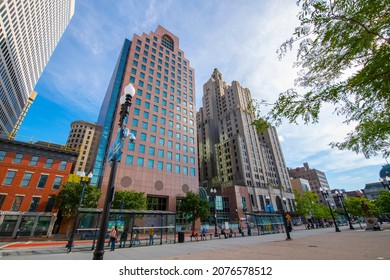 PROVIDENCE, RI, USA - SEP. 7, 2020: Providence Modern City Skyline At Kennedy Plaza In Downtown Providence, Rhode Island RI, USA. Including Industrial National Bank Building, One Financial Plaza, Etc.