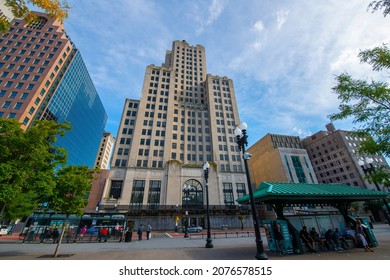 PROVIDENCE, RI, USA - SEP. 7, 2020: Providence Modern City Skyline At Kennedy Plaza In Downtown Providence, Rhode Island RI, USA. Including Industrial National Bank Building, One Financial Plaza, Etc.