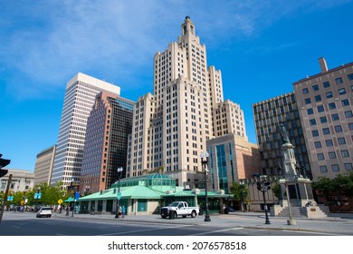 PROVIDENCE, RI, USA - SEP. 7, 2020: Providence Modern City Skyline At Kennedy Plaza In Downtown Providence, Rhode Island RI, USA. Including Industrial National Bank Building, One Financial Plaza, Etc.