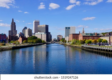 Providence, RI/USA- September 30, 2019: A horizontal image of the Providence skyline as seen from the new pedestrian bridge. 