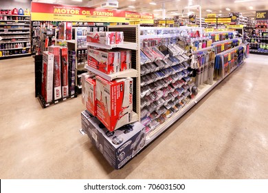 Provo, Utah, USA, , USA May, 21 2016 The Interior Of A Modern Auto Parts Store With Displays Of Tools, Repair And Maintenance Parts For Sale.