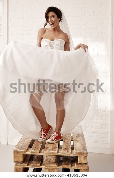 Provocative Bride Wedding Dress Red Sneakers Stock Photo Edit Now