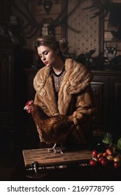 Provocative Image Of Gorgeous Woman Wearing Wearing Fur Coat Is Holding Hen. Animal Rights Concept.