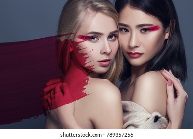 Provocative Make Up. Gorgeous Women Face. Concept Of Female Beauty In Different Nationalities. Perfect Skin And Makeup, Bright Facial Features And Deep Eyes