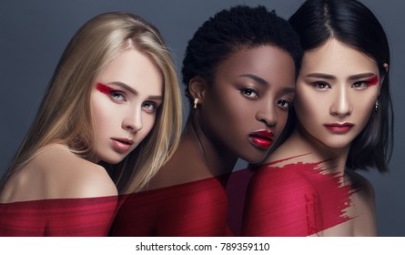 Provocative Make up. Gorgeous Women Face. concept of female beauty in different nationalities. perfect skin and makeup, bright facial features and deep eyes