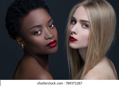 Provocative Make up. Gorgeous Women Face. concept of female beauty in different nationalities. perfect skin and makeup, bright facial features and deep eyes