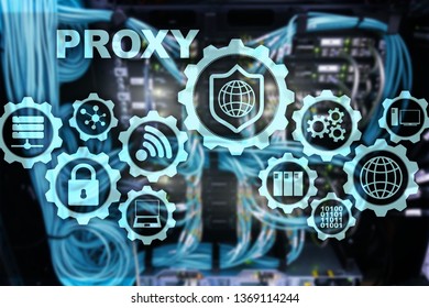 Proxy server. Cyber security. Concept of network security on virtual screen. Server room background