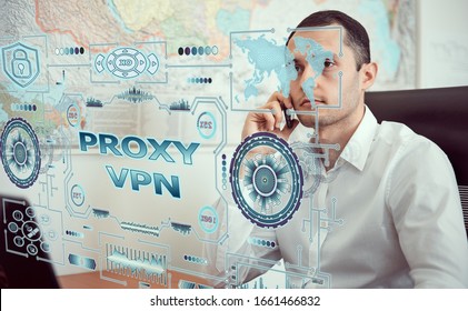 PROXY VPN For Computer Network Security. The Network Administrator Gains Access To The VPN Gateway In The Data Center Through A Halagram Computer