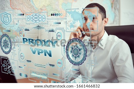 PROXY VPN for computer network security. the network administrator gains access to the VPN gateway in the data center through a halagram computer