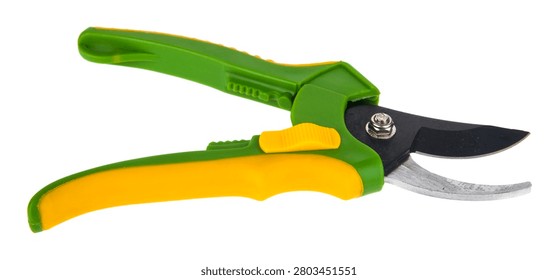 Pruning shears isolated on white background. Close-up, side view.