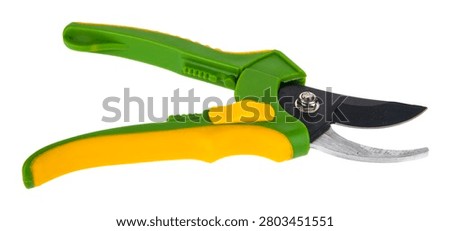 Pruning shears isolated on white background. Close-up, side view.