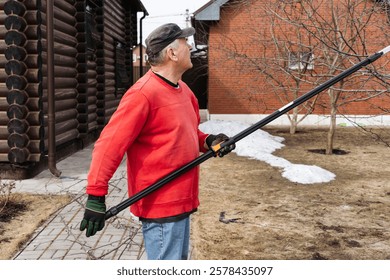 Pruning tall trees with a telescopic tool, a gardener at work outdoors