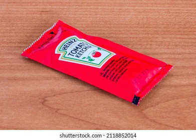 Pruszcz Gdanski, Poland - January 2, 2022: Heinz Tomato Ketchup Sachet.