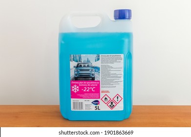 Pruszcz Gdanski, Poland - January 22, 2021: Stapar bottle of blue antifreeze windshield washer fluid.