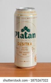 Pruszcz Gdanski, Poland - July 11, 2020: Can of Platan Desitka czech beer.