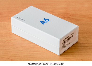 Pruszcz Gdanski, Poland - September 11, 2018: Paper Box Of Mobile Phone Samsung Galaxy A6.