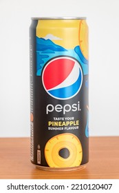 Pruszcz Gdanski, Poland - September 26, 2022: Can Of Pepsi Summer Flavour Pineapple. Can Of Limited Edition Pepsi Drink.