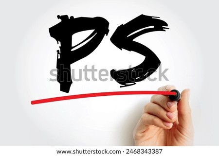 PS Post Script is an afterthought, thought that is occurring after the letter has been written and signed, acronym text concept background