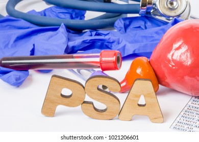 PSA or Prostate-specific antigen acronym or abbreviation enzyme of prostate for lab test diagnosis of cancer and other diseases photo concept. Word PSA is near prostate model, lab blood samples 