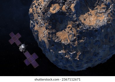 Psyche is a large nickel-iron asteroid. Asteroid orbiting the Sun between Mars and Jupiter. The Psyche spacecraft will arrive at the asteroid in 2029. This image elements furnished by NASA. 