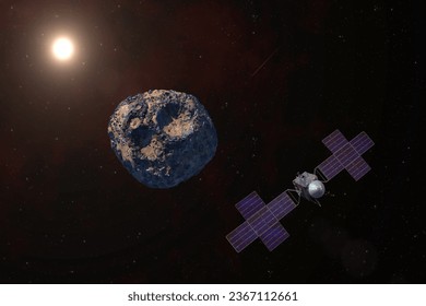 Psyche is a the large nickel-iron asteroid. The Psyche spacecraft will arrive at the asteroid in August 2029. Psyche mission. This image elements furnished by NASA. 