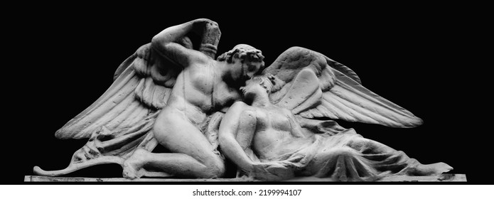 Psyche Revived By Cupid's Kiss. Isolated On Black Background. Black And White Image. Horizontal Image.