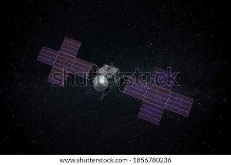 Psyche spacecraft exploring the large metallic asteroid for space mining. This image elements furnished by NASA.