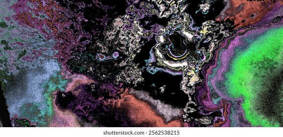 a psychedelic abstract painting with vibrant colors and distorted shapes. The artwork features a blend of organic and geometric forms, creating a sense of chaos and harmony - Powered by Shutterstock