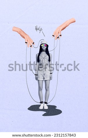 Psychedelic marionette collage of slave puppet funny woman depression falsification news zombie brainwash isolated on grey background