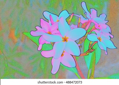 Psychedelic Plumeria Flower, In Blue And Purple Tones.Peter Max Style.