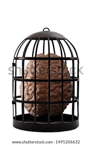 Psychiatry and psychology, helpless mind and hopeless mental state, consciousness and depression conceptual idea with a human brain in a dark cage isolated on white background