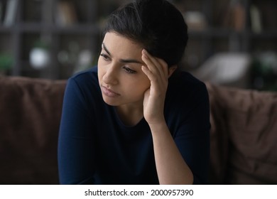 Psychological Problem. Tired Sad Millennial Female Of Indian Ethnicity Think On Difficult Problem Going Through Divorce Job Loss. Thoughtful Teen Female Suffer Alone Worry Making Hard Choice Decision