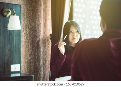 Psychologist Asian Woman Talking And Counsel To Man Patient,Mental Health Care Concept,Suicide Prevention,Speech Therapy