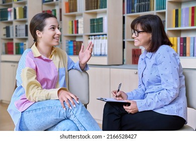 Psychologist, High School Behavior Counseling Teenage Student In Library