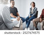 Psychologist, writing or support in group therapy for empathy, rehabilitation or anger management. AA meeting, life story or sober people in circle for mental health, counseling and recovery advice