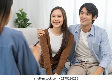 Psychology, Depression Asian Young Couple Love, Patient Consulting Problem Mental Health With Psychologist, Psychiatrist At Clinic Together, Husband Embracing Shoulder Of Wife, Therapy Health Care.