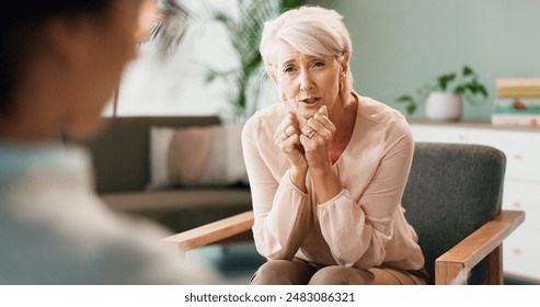 Psychology, depression and old woman with psychologist in consultation for help, mind and mental health evaluation. Trauma, support or sad client with therapist for stress, anxiety or ptsd disaster - Powered by Shutterstock