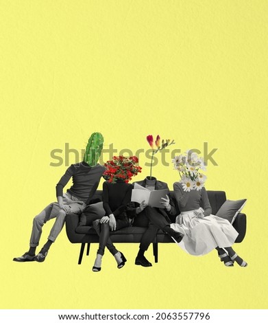 Psychology treatment. Contemporary art collage of group of people with flowers head sitting on couch isolated over yellow background. Concept of expression, treatment, support. Copy space for ad