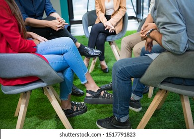 Psychotherapist Inquiring About Symptoms Occurring Within Mind From Patients With Mental Health Problems In Hospital. Group Psychotherapy Support And Helping Drug Addition To Change Negative Mindset