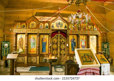 Ptich village, Minsk region, Belarus - May 8 2022: Straw Royal Gates of the Church of the Holy Prophet John the Baptist