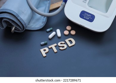 PTSD Or Post-traumatic Stress Disorder With Pills And Blood Pressure Apparatus