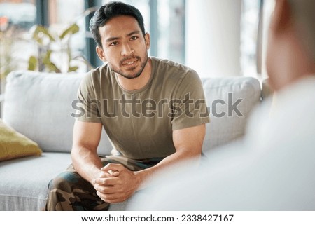 PTSD, soldier and man in counseling for trauma therapy due to military war and talking army mental health support. Consultation, depression and sad man with help for psychology problem on a sofa